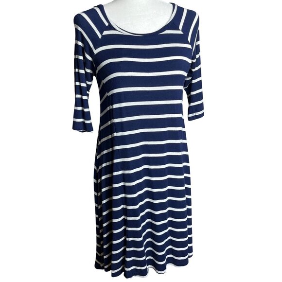 new directions Dresses & Skirts - New Directions Dress Blue Stripe Knit Jersey Swing Trapeze Comfort Womens S
